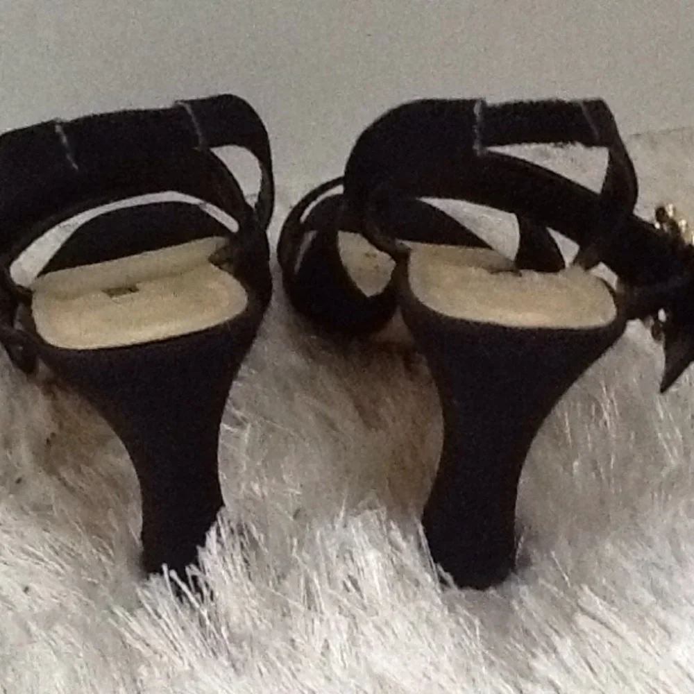 Caparro's‎ Black Satin Rhinestone Large Buckle Square Heels Shoes